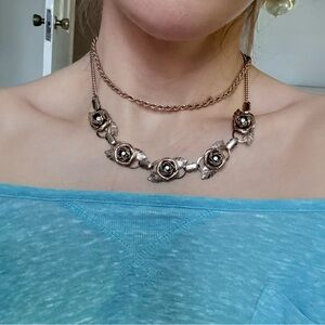 Vintage Coro silver tone and rhinestone rose necklace